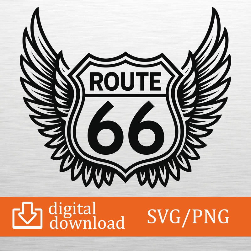 Route 66 SVG PNG Digital Download - Winged Sign Clipart, Cricut File, T-Shirt Design, Biker Decor, Craft Cut, Printable Art, Vintage Road