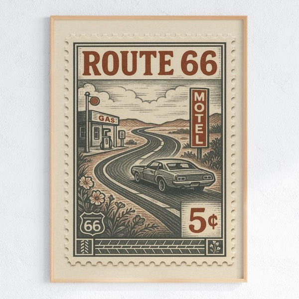 Route 66 Vintage Stamp Poster – Retro American Road Trip Art Print – Classic Car & Motel Sign Wall Decor for Highway Travel Lovers