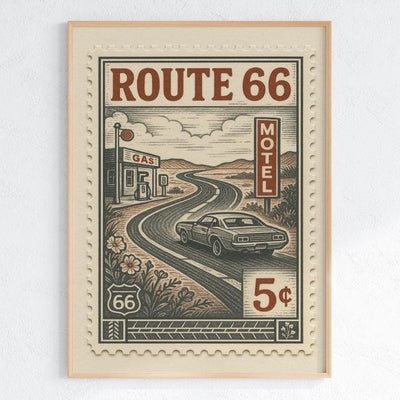 Route 66 Vintage Stamp Poster – Retro American Road Trip Art Print – Classic Car & Motel Sign Wall Decor for Highway Travel Lovers