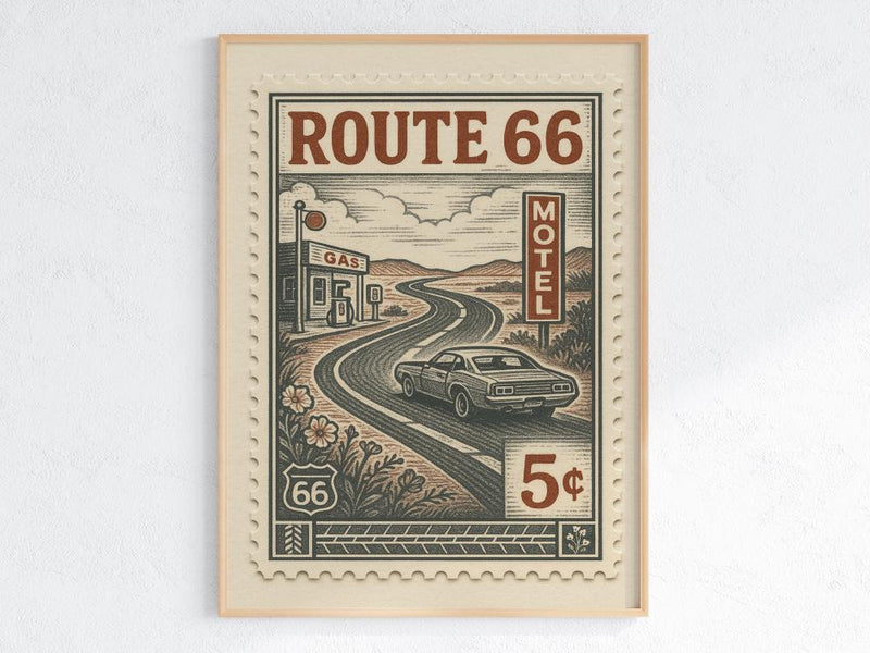 Route 66 Vintage Stamp Poster – Retro American Road Trip Art Print – Classic Car & Motel Sign Wall Decor for Highway Travel Lovers