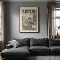 Route 66 Vintage Stamp Poster – Retro American Road Trip Art Print – Classic Car & Motel Sign Wall Decor for Highway Travel Lovers