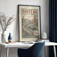 Route 66 Vintage Stamp Poster – Retro American Road Trip Art Print – Classic Car & Motel Sign Wall Decor for Highway Travel Lovers