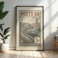 Route 66 Vintage Stamp Poster – Retro American Road Trip Art Print – Classic Car & Motel Sign Wall Decor for Highway Travel Lovers