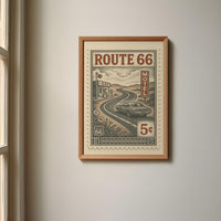 Route 66 Vintage Stamp Poster – Retro American Road Trip Art Print – Classic Car & Motel Sign Wall Decor for Highway Travel Lovers