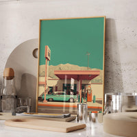 Vintage Route 66 Gas Station - Original Mid-Century Modern Minimalist Wall Art - Printable Digital Download