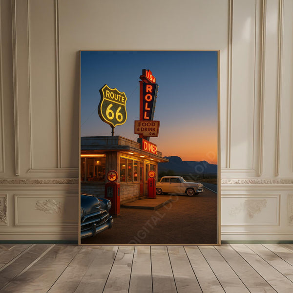 retro diner print arizona desert wall art route 66 poster 80s vintage car art sunset poster dream print usa aesthetic 60s american wall art