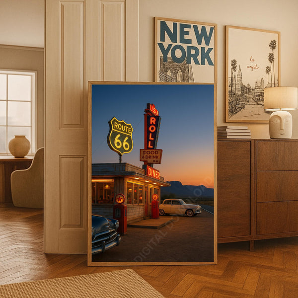 retro diner print arizona desert wall art route 66 poster 80s vintage car art sunset poster dream print usa aesthetic 60s american wall art