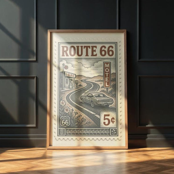 Route 66 Vintage Stamp Poster – Retro American Road Trip Art Print – Classic Car & Motel Sign Wall Decor for Highway Travel Lovers