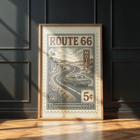 Route 66 Vintage Stamp Poster – Retro American Road Trip Art Print – Classic Car & Motel Sign Wall Decor for Highway Travel Lovers