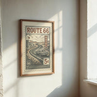 Route 66 Vintage Stamp Poster – Retro American Road Trip Art Print – Classic Car & Motel Sign Wall Decor for Highway Travel Lovers