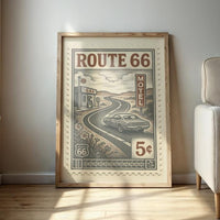 Route 66 Vintage Stamp Poster – Retro American Road Trip Art Print – Classic Car & Motel Sign Wall Decor for Highway Travel Lovers