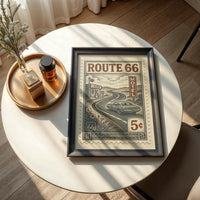 Route 66 Vintage Stamp Poster – Retro American Road Trip Art Print – Classic Car & Motel Sign Wall Decor for Highway Travel Lovers