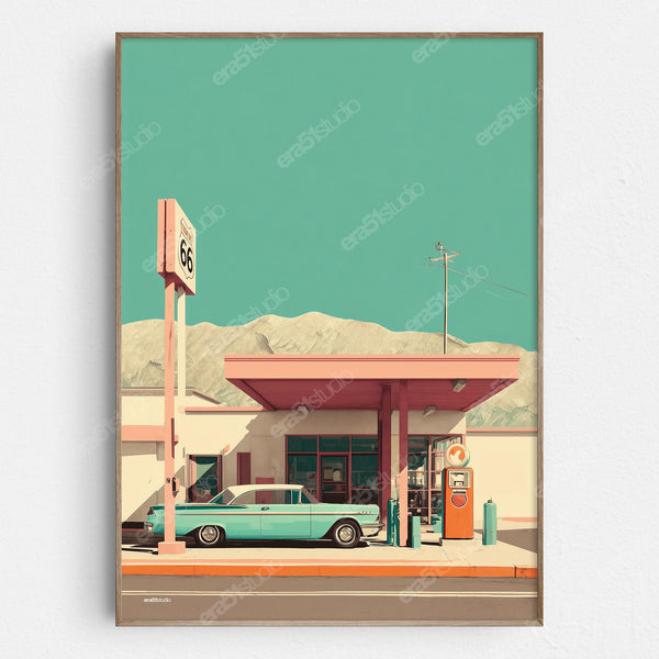 Vintage Route 66 Gas Station - Original Mid-Century Modern Minimalist Wall Art - Printable Digital Download
