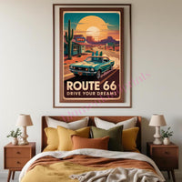 Route 66 Vintage Poster PDF + JPG | Retro Americana Roadtrip Wall Art | Oldtimer Car Sunset Sunset Desert Cactus Deko Digital Download
