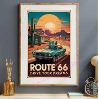 Route 66 Vintage Poster PDF + JPG | Retro Americana Roadtrip Wall Art | Oldtimer Car Sunset Sunset Desert Cactus Deko Digital Download