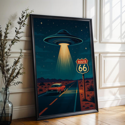 UFO Route 66 Poster: Retro Sci-Fi Americana Art Print