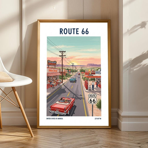 Route 66 Americana Art Print: Vintage Road Trip Illustration
