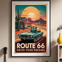 Route 66 Vintage Poster PDF + JPG | Retro Americana Roadtrip Wall Art | Oldtimer Car Sunset Sunset Desert Cactus Deko Digital Download