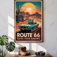 Route 66 Vintage Poster PDF + JPG | Retro Americana Roadtrip Wall Art | Oldtimer Car Sunset Sunset Desert Cactus Deko Digital Download