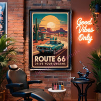Route 66 Vintage Poster PDF + JPG | Retro Americana Roadtrip Wall Art | Oldtimer Car Sunset Sunset Desert Cactus Deko Digital Download