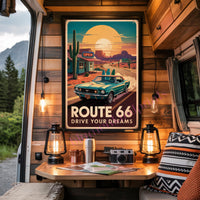 Route 66 Vintage Poster PDF + JPG | Retro Americana Roadtrip Wall Art | Oldtimer Car Sunset Sunset Desert Cactus Deko Digital Download