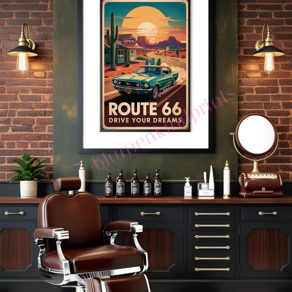 Route 66 Vintage Poster PDF + JPG | Retro Americana Roadtrip Wall Art | Oldtimer Car Sunset Sunset Desert Cactus Deko Digital Download