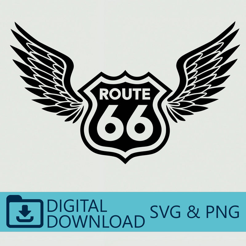 Route 66 Winged Sign - Digital SVG & PNG Download, Ideal for Car Decals, Travel Art, Cricut Projects, and Vintage Home Decor Prints, T-Shirt