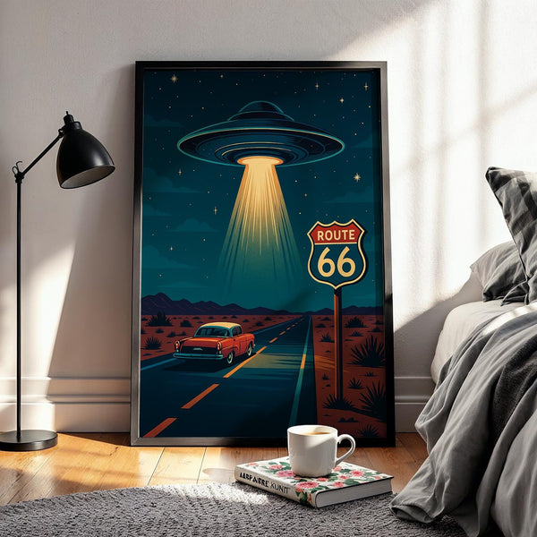 UFO Route 66 Poster: Retro Sci-Fi Americana Art Print