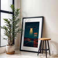 UFO Route 66 Poster: Retro Sci-Fi Americana Art Print