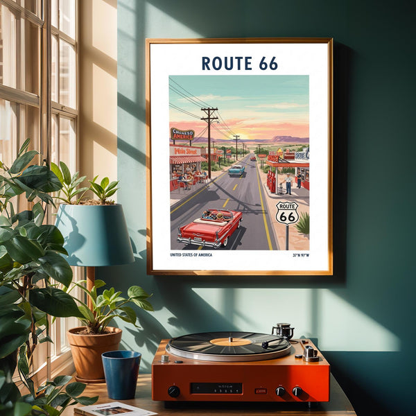 Route 66 Americana Art Print: Vintage Road Trip Illustration