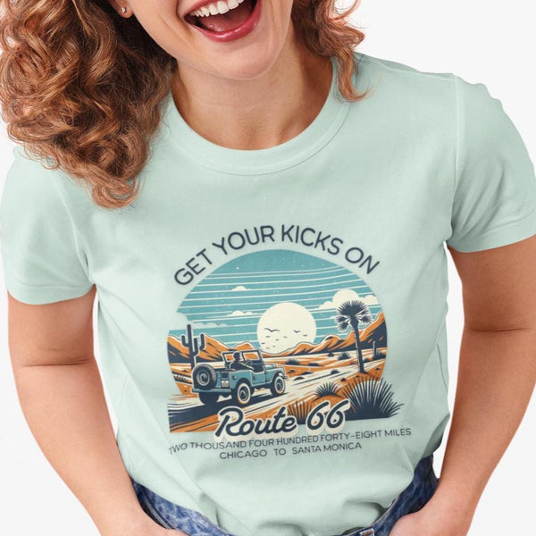 Route 66 Get Your Kicks on Route 66 Unisex Short Sleeve T-Shirt - Historic Highway, The Mother Road, Desert, Off-Road Vehicle, Iconic Gift