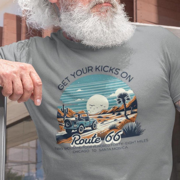 Route 66 Get Your Kicks on Route 66 Unisex Short Sleeve T-Shirt - Historic Highway, The Mother Road, Desert, Off-Road Vehicle, Iconic Gift