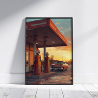 Route 66 Gas Station Poster Retro Oil Painting Americana 4 Wall Art Home Decor