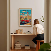 Route 66 Poster Featuring Classic Red Convertible and Vintage Diner Signs on Scenic Desert Highway for Retro Americana Wall Art, Gift Idea