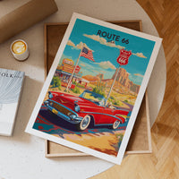 Route 66 Poster Featuring Classic Red Convertible and Vintage Diner Signs on Scenic Desert Highway for Retro Americana Wall Art, Gift Idea