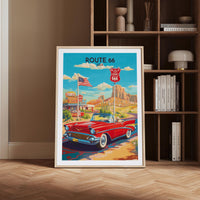 Route 66 Poster Featuring Classic Red Convertible and Vintage Diner Signs on Scenic Desert Highway for Retro Americana Wall Art, Gift Idea