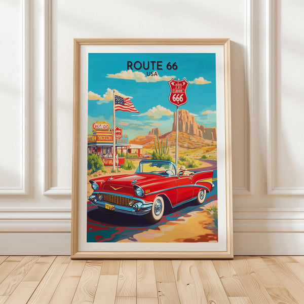 Route 66 Poster Featuring Classic Red Convertible and Vintage Diner Signs on Scenic Desert Highway for Retro Americana Wall Art, Gift Idea