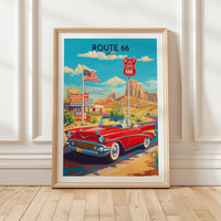 Route 66 Poster Featuring Classic Red Convertible and Vintage Diner Signs on Scenic Desert Highway for Retro Americana Wall Art, Gift Idea