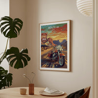 Route 66 Motorcycle Poster Featuring Classic Cruiser and Retro Diner Signs on Sunset Desert Highway for Americana Wall Art and Biker Decor