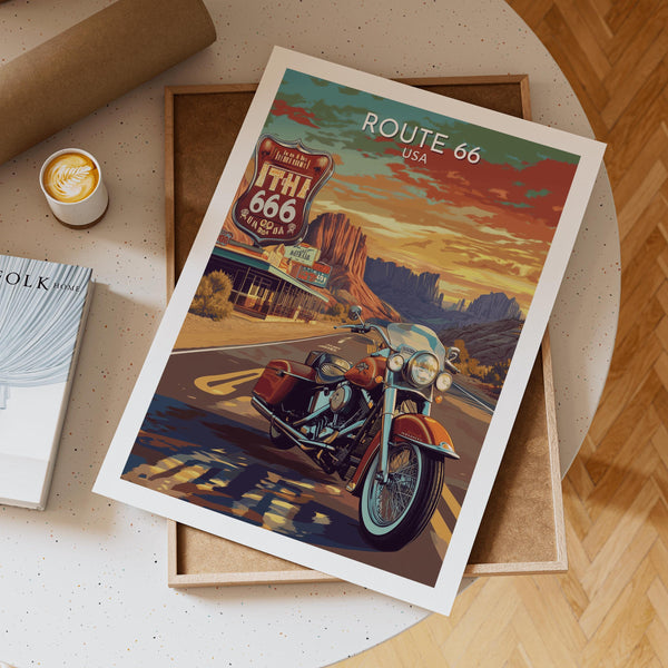 Route 66 Motorcycle Poster Featuring Classic Cruiser and Retro Diner Signs on Sunset Desert Highway for Americana Wall Art and Biker Decor
