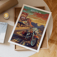 Route 66 Motorcycle Poster Featuring Classic Cruiser and Retro Diner Signs on Sunset Desert Highway for Americana Wall Art and Biker Decor