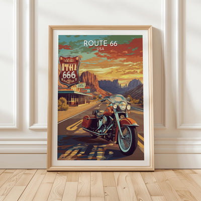 Route 66 Motorcycle Poster Featuring Classic Cruiser and Retro Diner Signs on Sunset Desert Highway for Americana Wall Art and Biker Decor