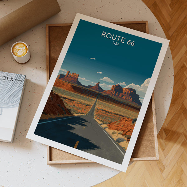 Route 66 Desert Highway Poster Featuring Endless Road Through Monument Valley for Americana Road Trip Wall Art and Wanderlust Decor, Gift