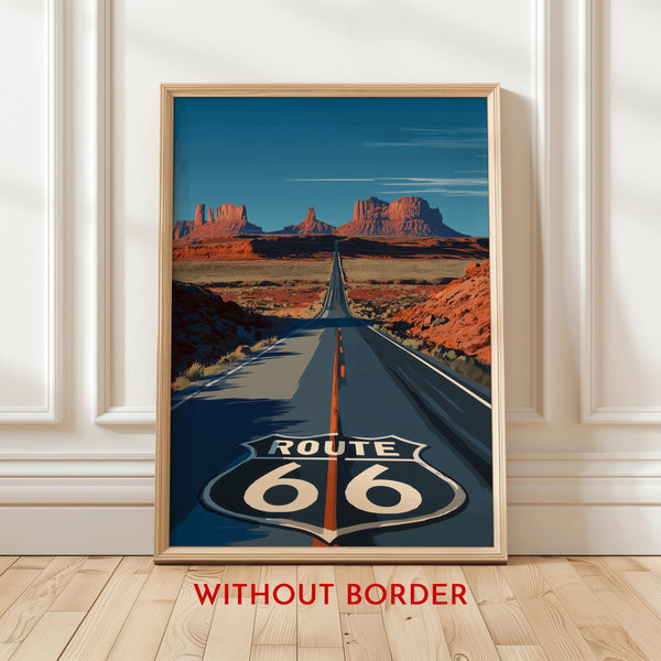Route 66 Poster Featuring Iconic Road Shield and Monument Valley Desert Highway for Vintage Americana Wall Art and Travel Decor, Gift Idea