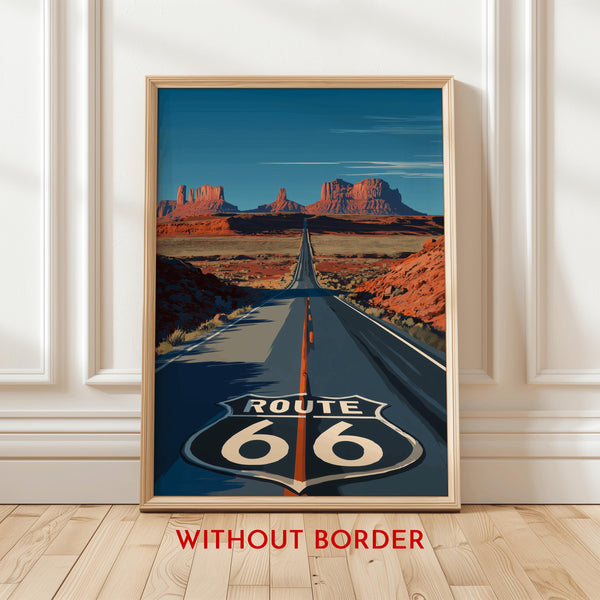 Route 66 Poster Featuring Iconic Road Shield and Monument Valley Desert Highway for Vintage Americana Wall Art and Travel Decor, Gift Idea