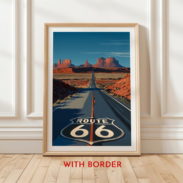 Route 66 Poster Featuring Iconic Road Shield and Monument Valley Desert Highway for Vintage Americana Wall Art and Travel Decor, Gift Idea
