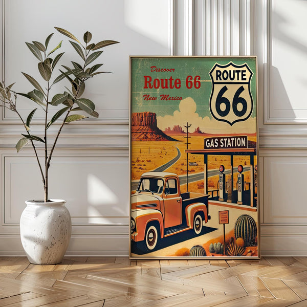 Route 66 Travel Poster: Vintage Ford Truck, New Mexico Desert Art