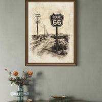 Vintage Route 66 Highway Road Sign Wall Art Print | Desert Mother Road Ink Sketch on Parchment, Instant Digital Download