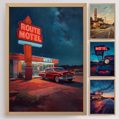 Route 66 Motel Sign Retro Poster Classic American Road Trip 4 Wall Art Print