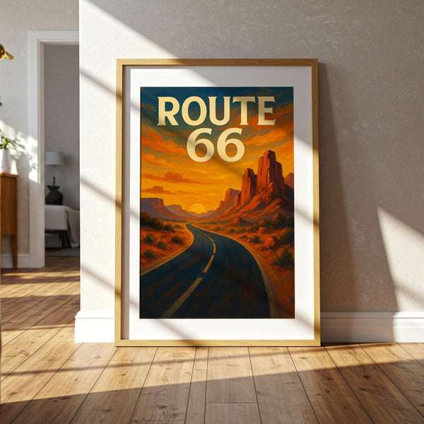 Route 66 Vintage Travel Poster, American Desert Landscape Art Print